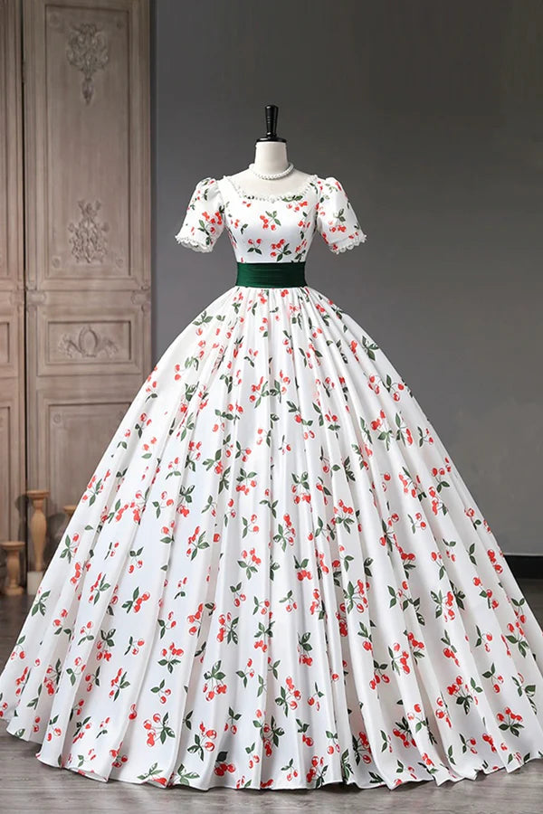 Wholesale Cute Cherry Pattern Long Princess Prom Dress White A-Line Evening Party Dress